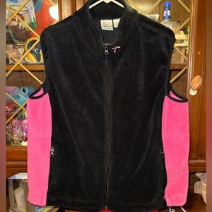 Breast cancer fleece zip up with embroidered pink ribbon.